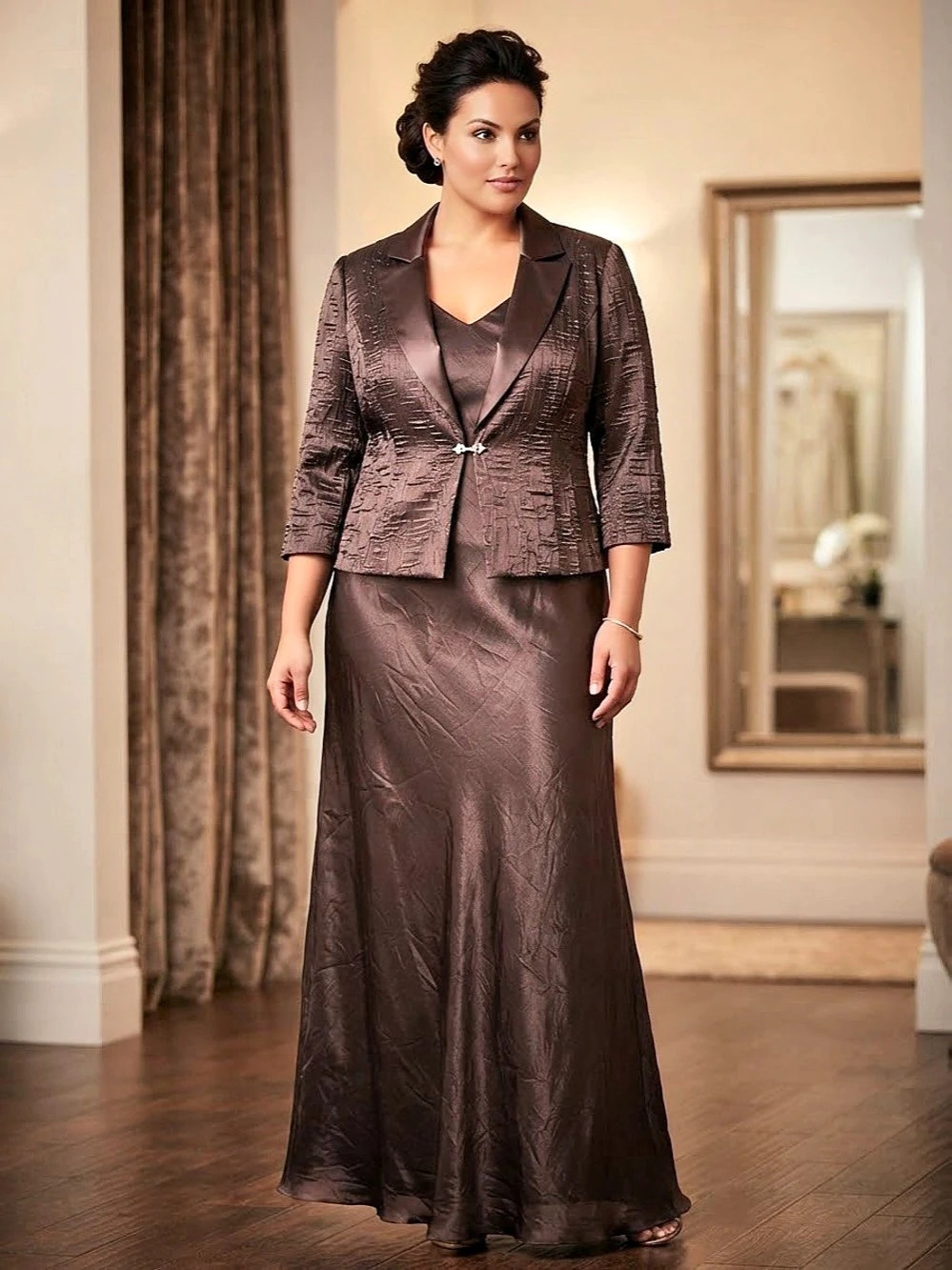 Alex Evenings Satin Jacket and Dress Set Brown Maxi Dress Set 18W